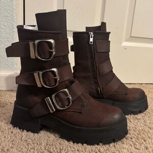 Steve Madden Roland Brown Combat Boots with Silver Buckles